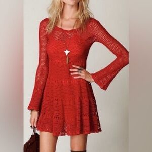 NWT Free People Sheer Crochet Dress With Bell Sleeves! Great For Valentines Day!